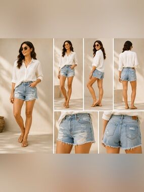 Light Wash Distressed Denim Shorts - Women's Casual Summer Shorts